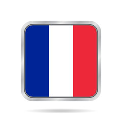 Flag of France. Shiny metallic gray square button.