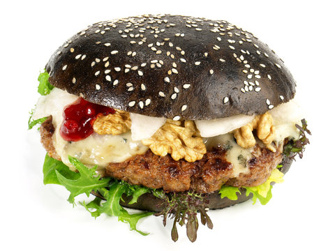 Hamburger &ndash; Black Burger - mit Gorgonzola und Birne