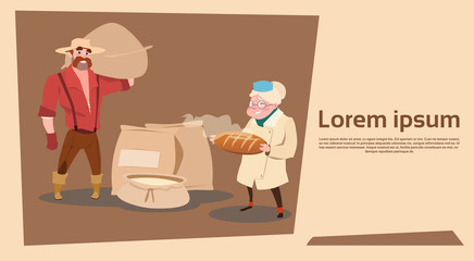 Farmers Family Hold Wheat Fresh Bread Production Farmland Countryside Flat Vector Illustration