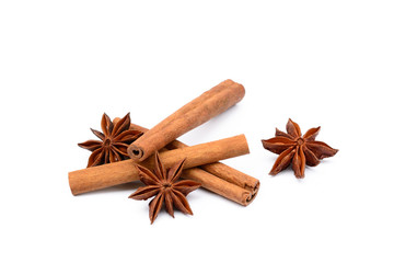 Fragrant anise and cinnamon isolated on white background