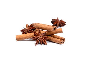 Fragrant anise and cinnamon isolated on white background