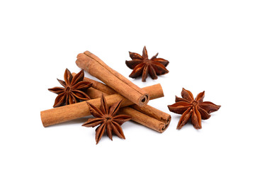 Fragrant anise and cinnamon isolated on white background