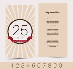 Anniversary 5th, 10th, 15th, 20th, 30th, 40th, 50th, 60th invitation/congratulation card. Vector illustration.