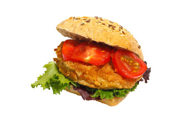 Körnerbrötchen, Schnitzel, Salat, Tomaten