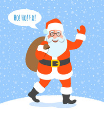 Santa Claus carries a bag of Christmas gifts and goes to kids. Cartoon vector illustration. Cute character pose. Snow day background. Speech bubble with Ho Ho Ho text. Greeting card design