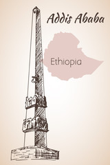 Famous obelisk in Addis Ababa and map