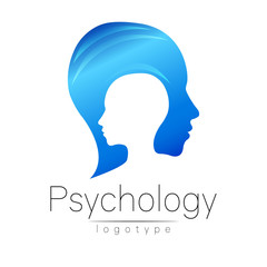 Fototapeta na wymiar Modern head logo of Psychology. Profile Human. Creative style. Logotype in vector. Design concept. Brand company. Blue color isolated on white background. Symbol for web, print, card, flyer.