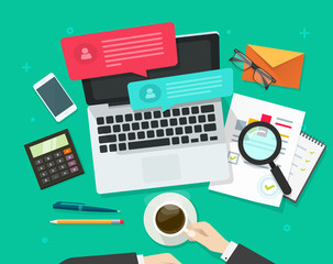 Person working on desk on laptop with chatting notifications and analytics data on table vector illustration, social media marketing analysing, online dialog, statistics research, workplace table