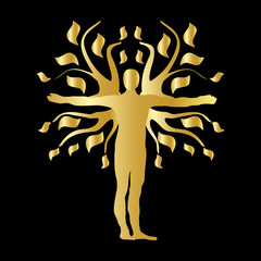 Gold Human Tree Silhouette Icon Symbol Design. Vector illustration isolated on black background. 