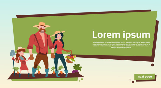 Farmers Family Parent With Daughter Growing Harvest Banner Copy Space Flat Vector Illustration