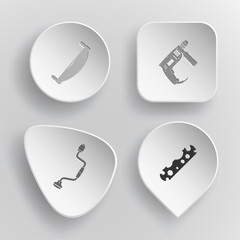 4 images: two-handled saw, electric drill, hand drill, cycle spa