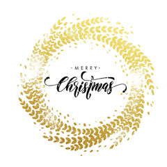 Wreath of gold leaf glitter decoration golden Merry Christmas greeting