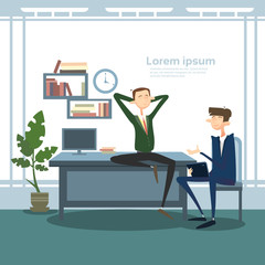 Business Man Group Interior Workplace, Businessman Manager Office Worker Flat Vector Illustration