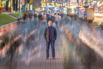 The man in the smashed people crowd stream