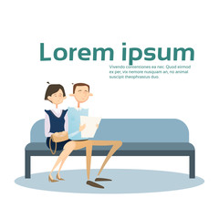 Business People Group Sitting On Coach Businessman Businesswoman Reading Documents Flat Vector Illustration