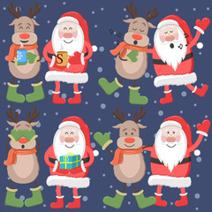 Set of Christmas illustration with Santa Claus and deer / New Year characters