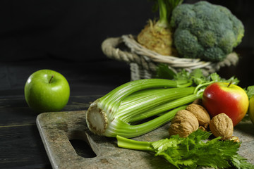 Ingredients for Waldorf salad -  celery, apples, walnuts - fres