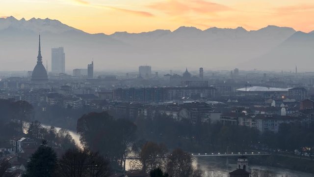 Turin (Torino) skyline at sunset in 4K time-lapse with Mole Antonelliana