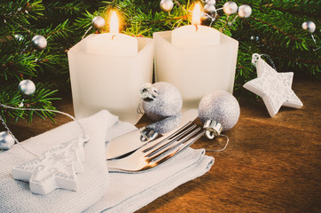 Rustic Christmas Table Setting for Christmas Eve. Winter Holidays.