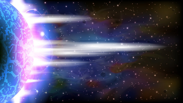 A retro outer space background with a planet, sky and stars. Layered.
