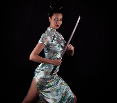 Samurai Girl, female ninja, samurai sword, katana, studio portrait