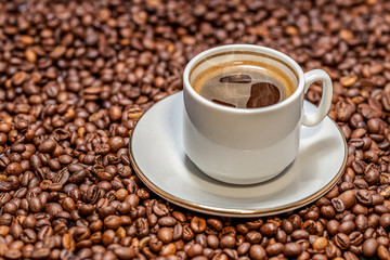 Cup of coffee on coffee beans