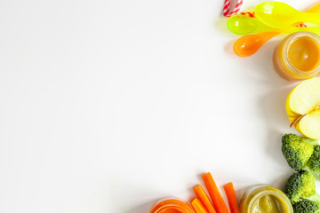 cooking vegetable puree for baby on white background top view