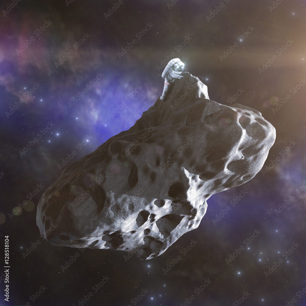 Wall mural astronaut landed on an asteroid, abstract 3d render