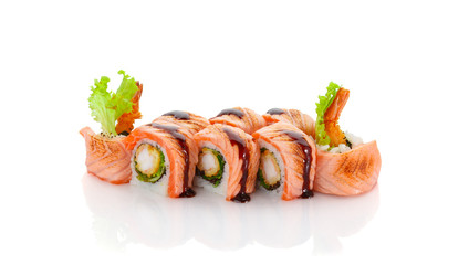 Sushi roll with fried salmon and shrimp  isolated on white backgroind