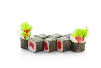 Sushi roll with tune isolated on white background