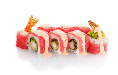 Tuna sushi roll with shrimp isolated