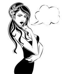 Sexy pin up woman, black and white vector silhouette with speech bubble