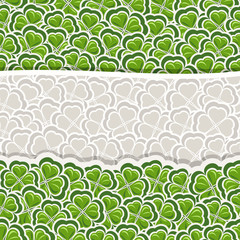 Vector Clover Pattern for St Patrick's Day, Green Shamrock banner with border for greeting text, ornament clover foliage, gray shamrock pattern, floral background irish patrick trefoil, green art lawn
