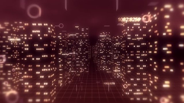 3D financial city flight animation, seamless loop. Red theme.