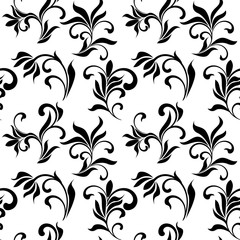 Seamless pattern with black flowers on a white background