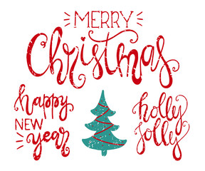 Merry Christmas, happy new year and holly jolly handdrawn lettering