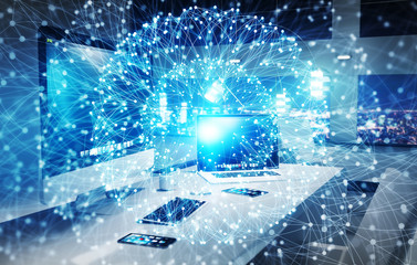 Workplace with modern devices and hologram screens 3D rendering