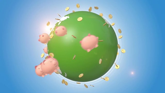 Dollar Coins Orbiting Around Globe And Piggy Bank