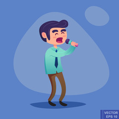 The men singing, acting, telling the speech. Vector flat cartoon illustration isolated on white background. businessman stand with microphone in hand.