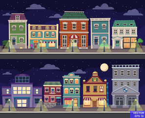 Vector cartoon retro illustration city houses facades landscape. Night cityscape. Old colourful buildings