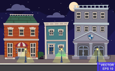 Vector cartoon retro illustration city houses facades landscape. Night cityscape. Old colourful buildings