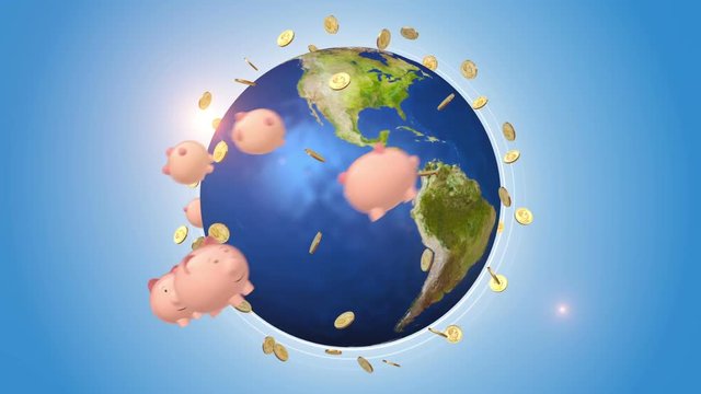 Dollar Coins Orbiting Around Globe And Piggy Bank
