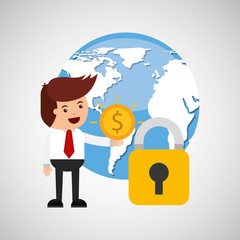 business man secure money globe vector illustration eps 10