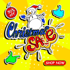 Christmas sale banner template with lettering, hand gestures and snowman. Vector pop art comic style