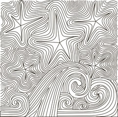 Zentangle hand drawn black and white abstract starry night and waves, anti stress vector illustration