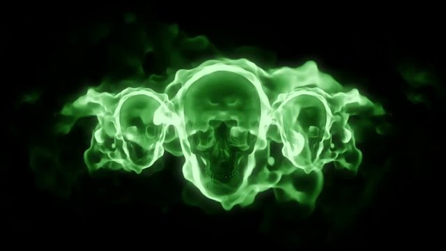 Burning green human skulls