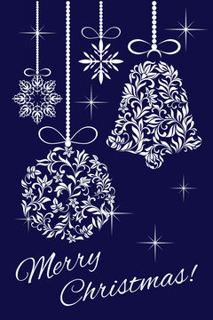Elegant card - Merry Christmas! Christmas decorations from a floral ornament on a blue background