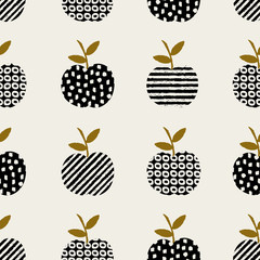 Hand drawn seamless pattern with apples in black, cream and ochre. - 128523545