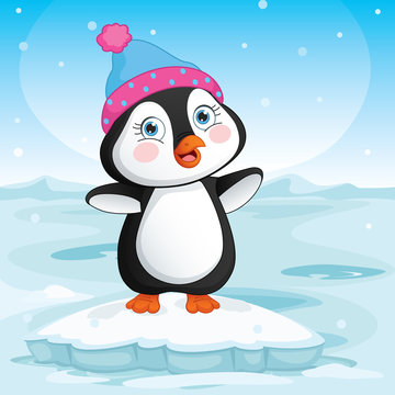 Vector Illustration Of Baby Penguin Standing On Ice