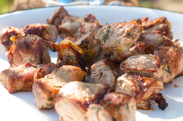 Close up grilled pork Shashlik. Is a form of Shish kebab popular in Europe and Russia. Shashlyk (meaning skewered meat) was originally made of lamb.